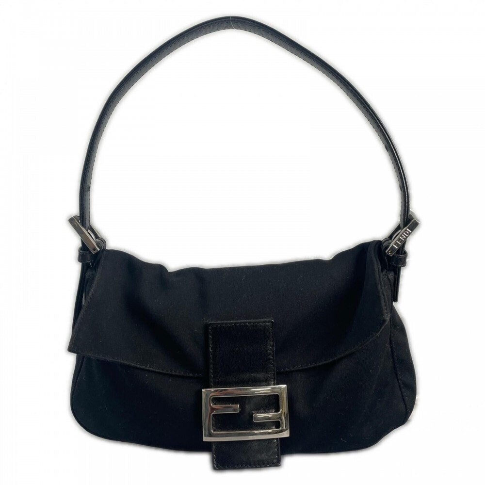 Fendi handbag for women, Mamma Bucket style, satin, black, silver hardware.